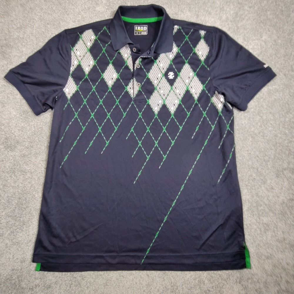 IZOD Golf Men Navy Blue Green Argyle Performance Polo Shirt Size M Short Sleeve